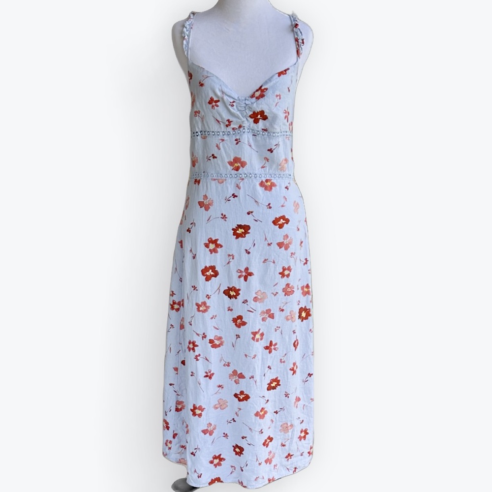European Chic Linen Cottage Floral Slip Dress Open Back W/ Ruffled Crossover ~ M